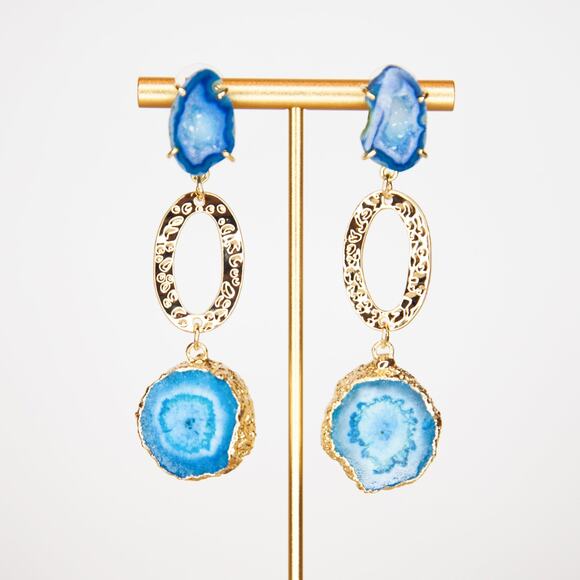 Geode Earrings Turquoise Gold Plated Dangle Earrings Handmade - Picture 1 of 3